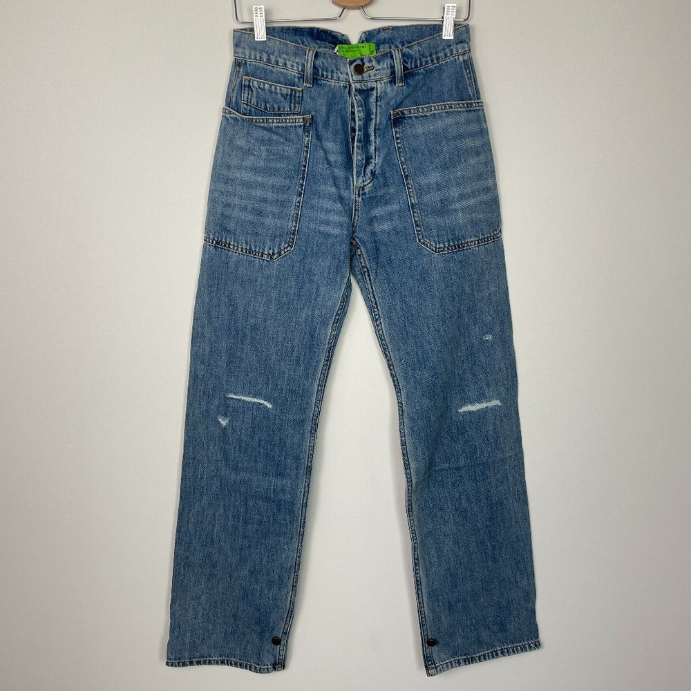 Free People x Sandrine Rose High Rise Straight Leg Jeans Button Fly Medium Wash